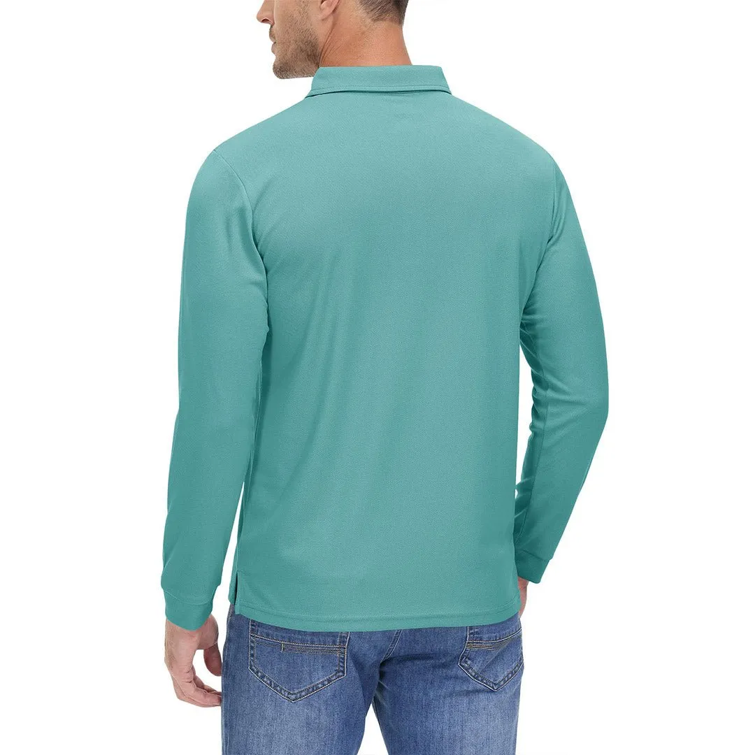 Men's Casual Quick Dry Polo Long Sleeve Shirt with 3-Buttons