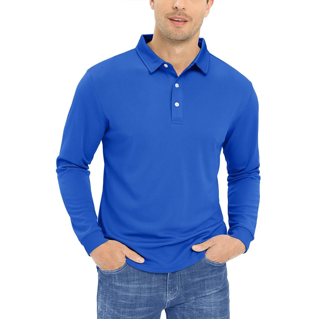 Men's Casual Quick Dry Polo Long Sleeve Shirt with 3-Buttons