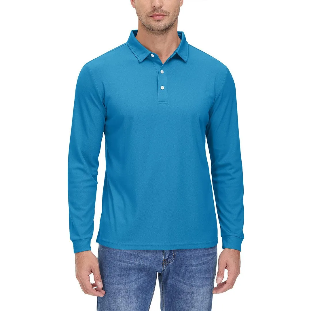 Men's Casual Quick Dry Polo Long Sleeve Shirt with 3-Buttons
