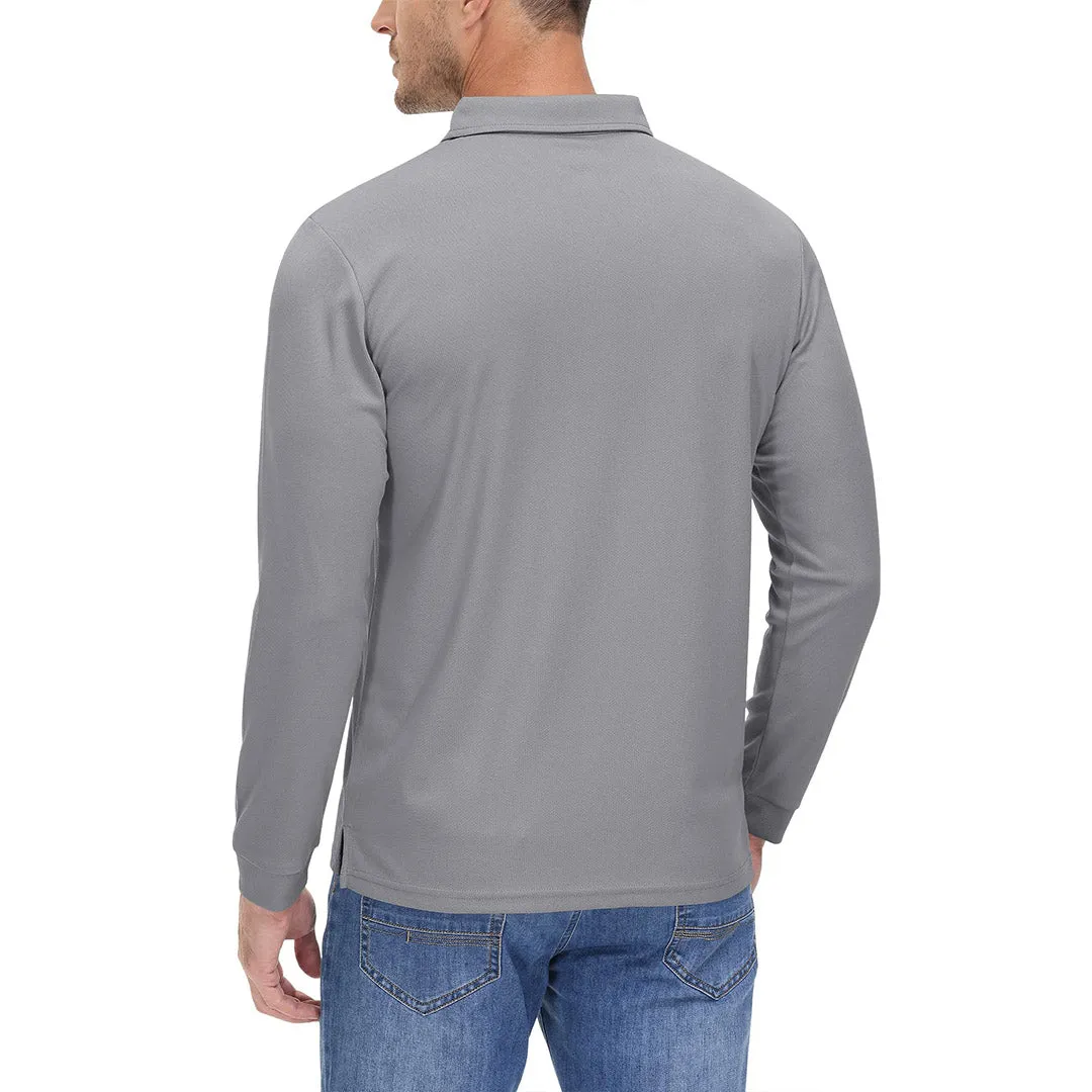 Men's Casual Quick Dry Polo Long Sleeve Shirt with 3-Buttons