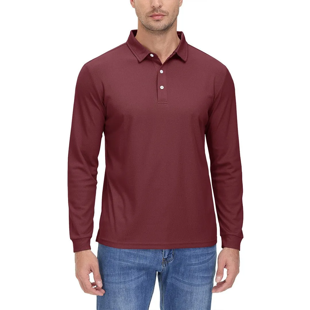 Men's Casual Quick Dry Polo Long Sleeve Shirt with 3-Buttons
