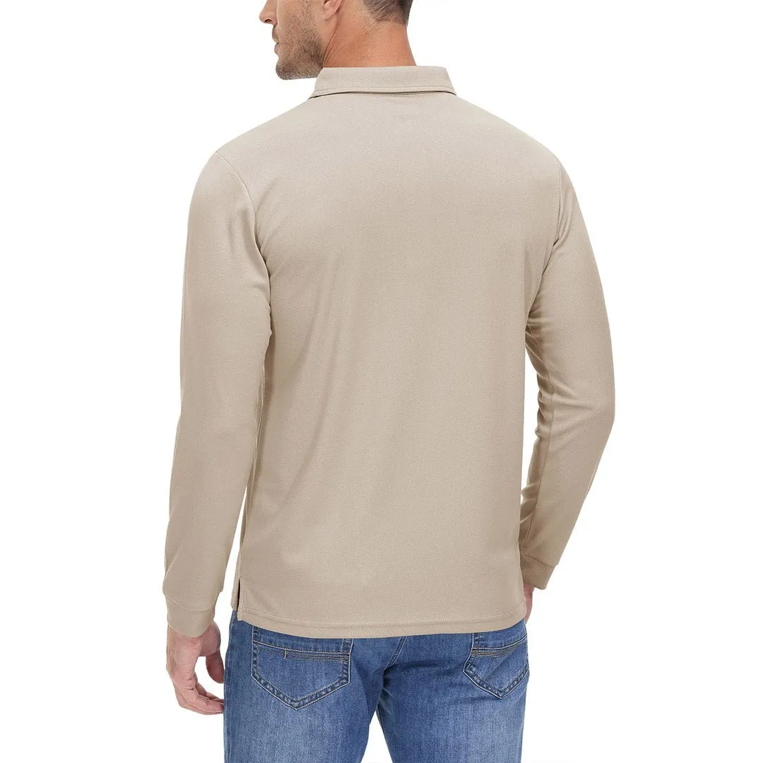 Men's Casual Quick Dry Polo Long Sleeve Shirt with 3-Buttons