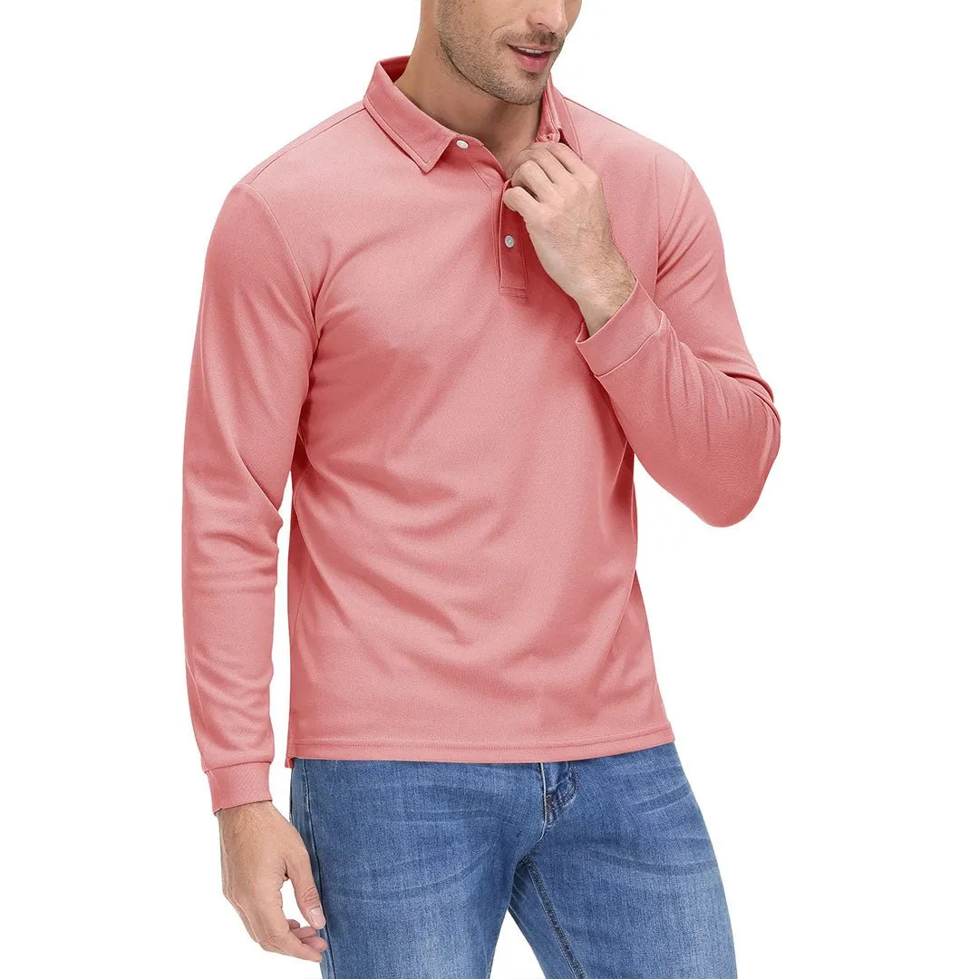 Men's Casual Quick Dry Polo Long Sleeve Shirt with 3-Buttons