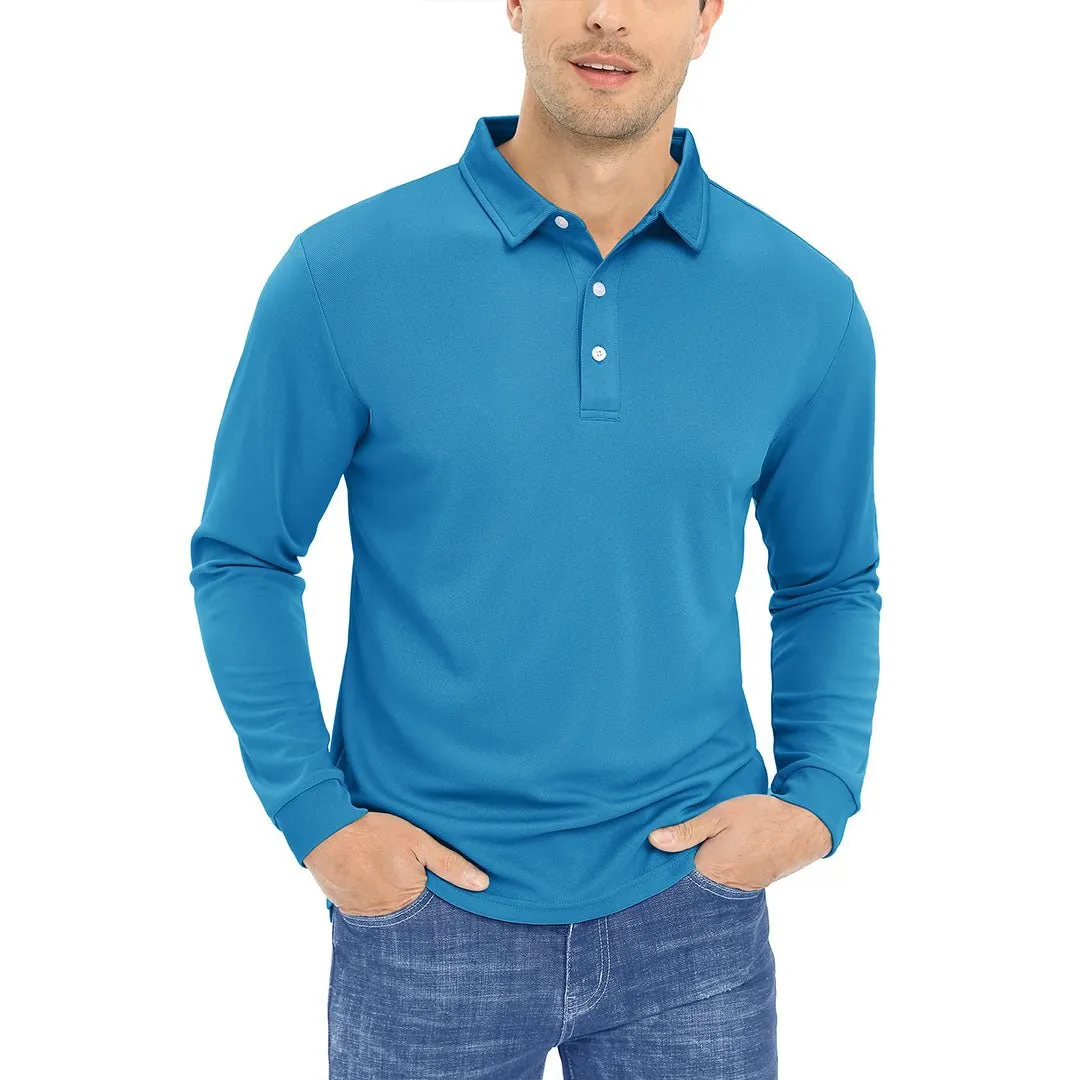 Men's Casual Quick Dry Polo Long Sleeve Shirt with 3-Buttons