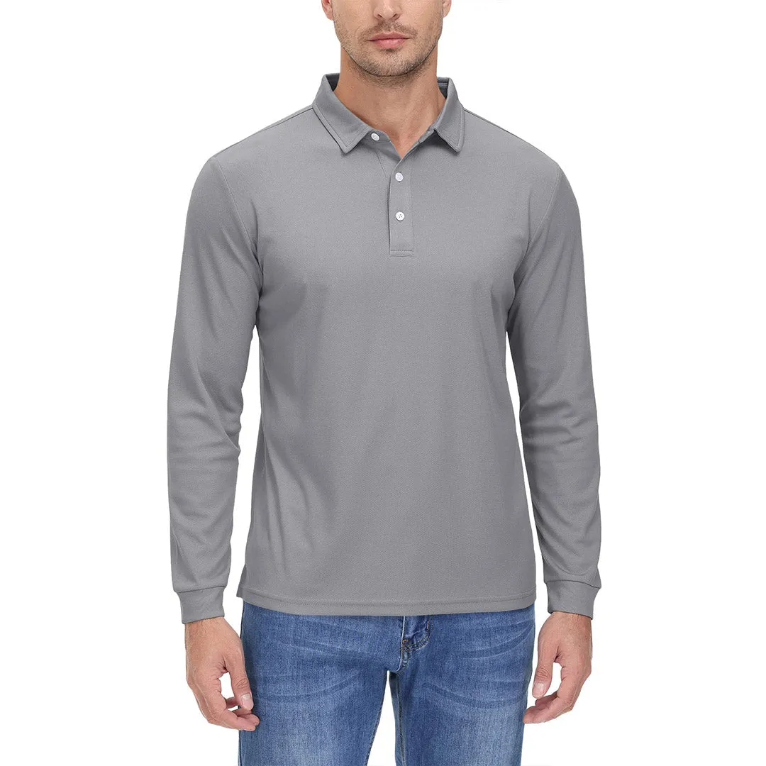 Men's Casual Quick Dry Polo Long Sleeve Shirt with 3-Buttons