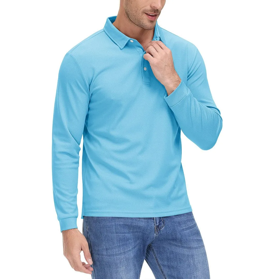 Men's Casual Quick Dry Polo Long Sleeve Shirt with 3-Buttons
