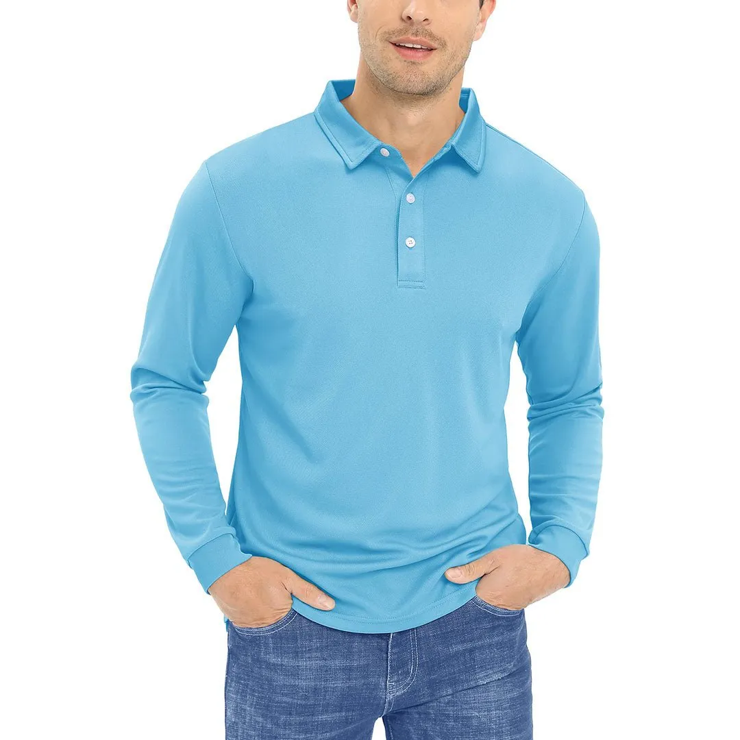 Men's Casual Quick Dry Polo Long Sleeve Shirt with 3-Buttons