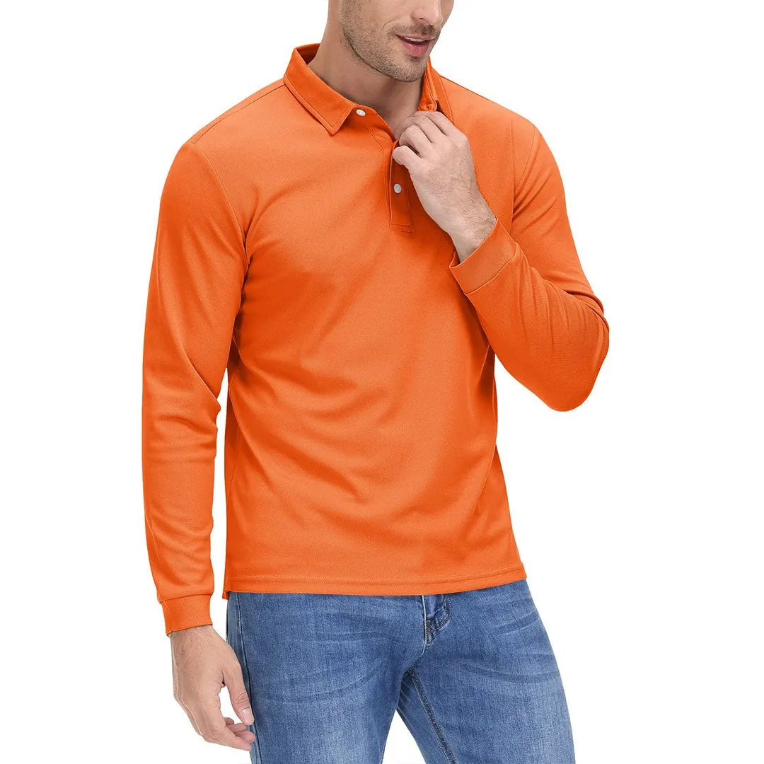 Men's Casual Quick Dry Polo Long Sleeve Shirt with 3-Buttons