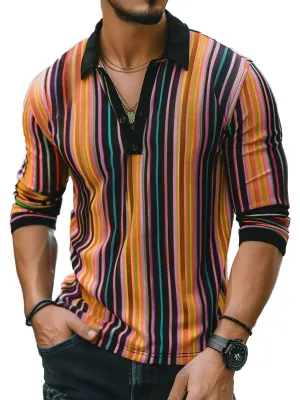 Men's Colorful Striped Print Casual Long Sleeve Polo Shirt