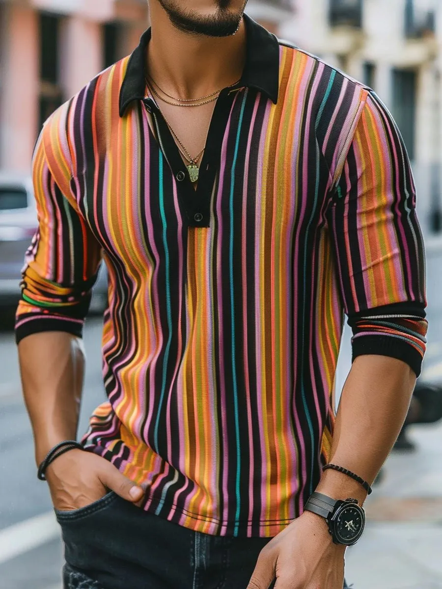 Men's Colorful Striped Print Casual Long Sleeve Polo Shirt