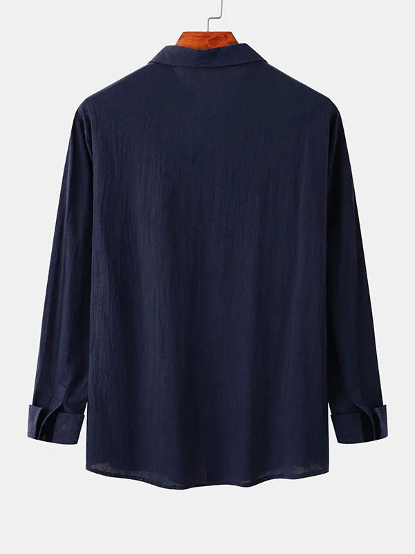 Men's Cotton Linen Double Pocket Long Sleeve Lapel Shirt