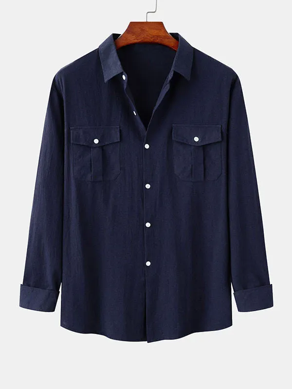 Men's Cotton Linen Double Pocket Long Sleeve Lapel Shirt