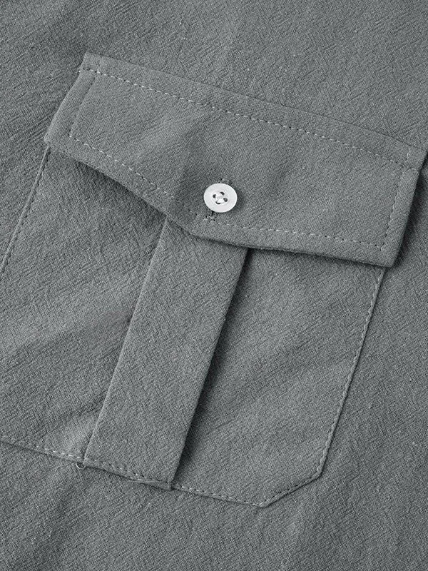 Men's Cotton Linen Double Pocket Long Sleeve Lapel Shirt