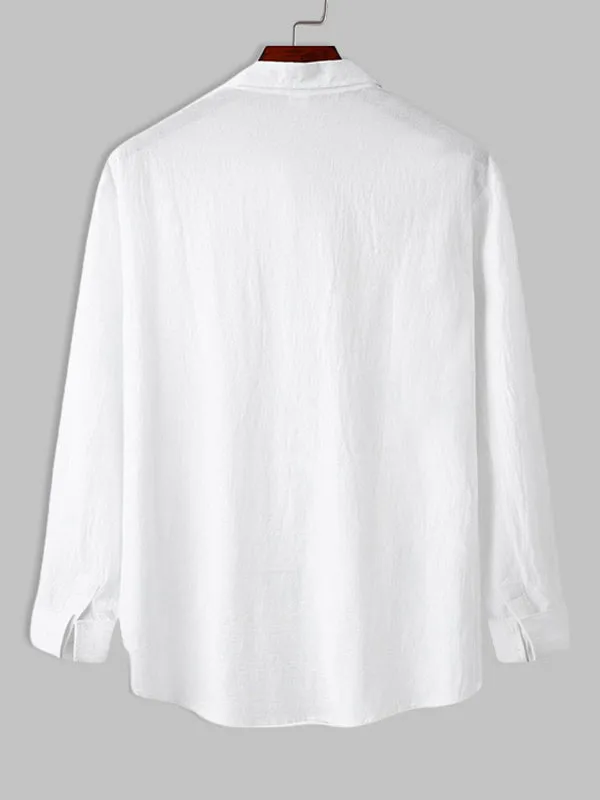 Men's Cotton Linen Double Pocket Long Sleeve Lapel Shirt
