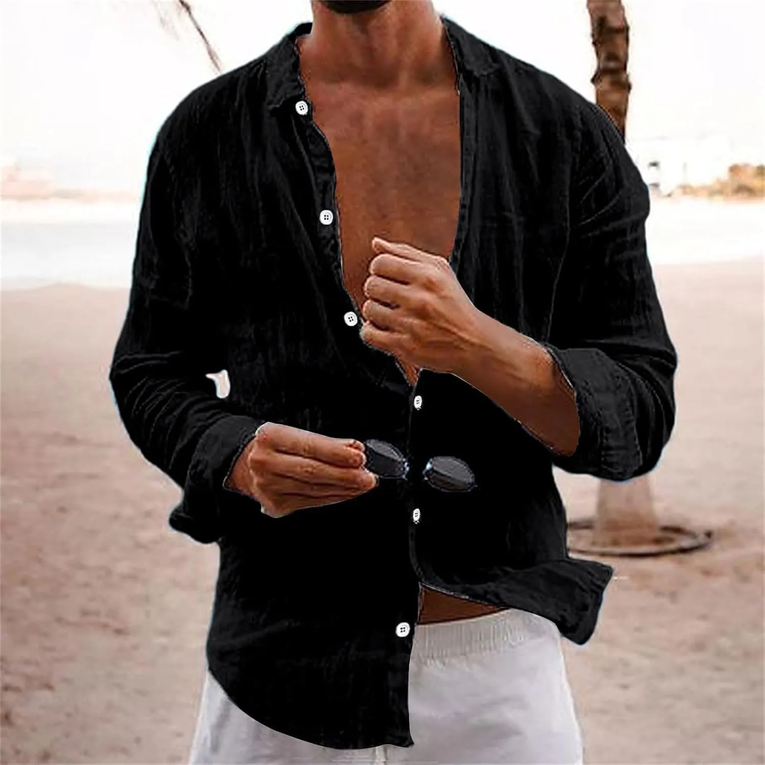 Men's Cotton Linen Long Sleeve Shirt V Neck Casual Button Down Blouse Solid Color Loose Tops Comfy Lightweight Tee