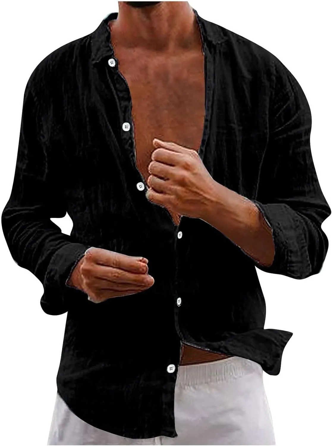 Men's Cotton Linen Long Sleeve Shirt V Neck Casual Button Down Blouse Solid Color Loose Tops Comfy Lightweight Tee