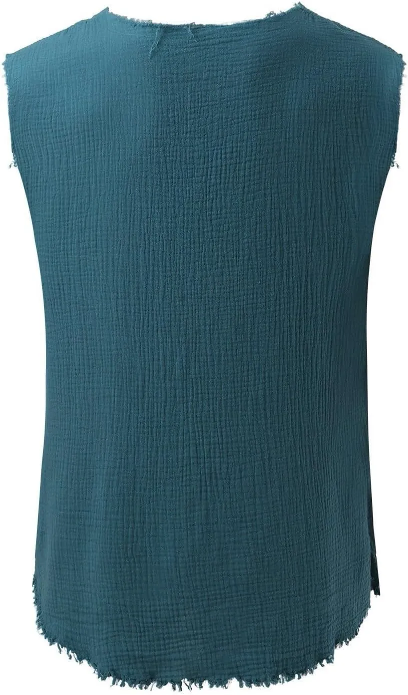 Men's Cotton Linen Shirts Big and Tall Sleeveless Workout Tank Tops Breathable Quick Dry Summer V Neck Gym Fitness Tee