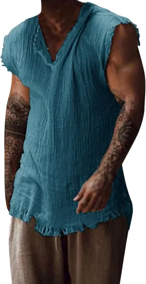 Men's Cotton Linen Shirts Big and Tall Sleeveless Workout Tank Tops Breathable Quick Dry Summer V Neck Gym Fitness Tee