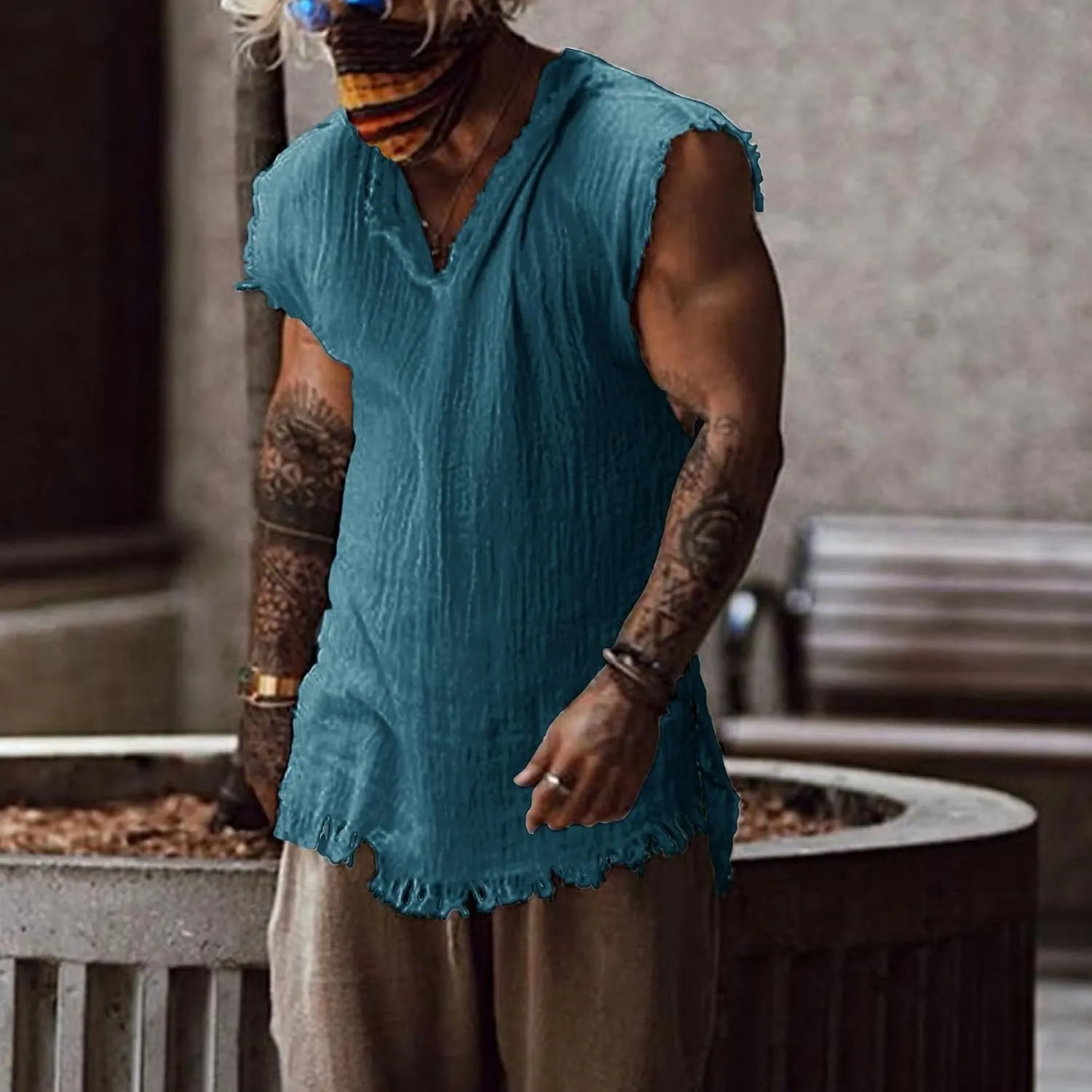 Men's Cotton Linen Shirts Big and Tall Sleeveless Workout Tank Tops Breathable Quick Dry Summer V Neck Gym Fitness Tee