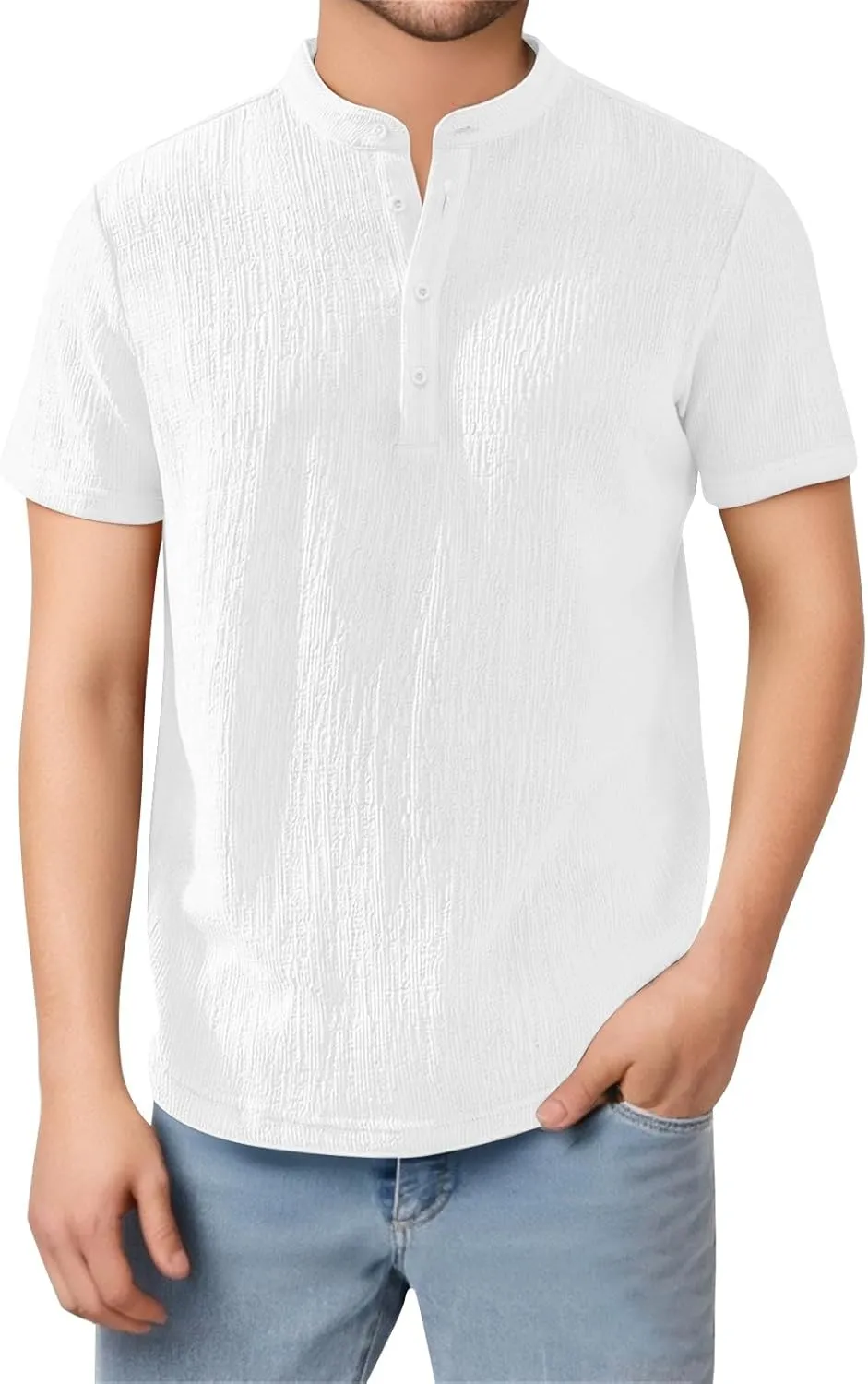 Mens Cotton Linen Shirts Vintage Wrinkled Short Sleeve Henley Shirt Lightweight Casual Summer Beach Band Collar Tees