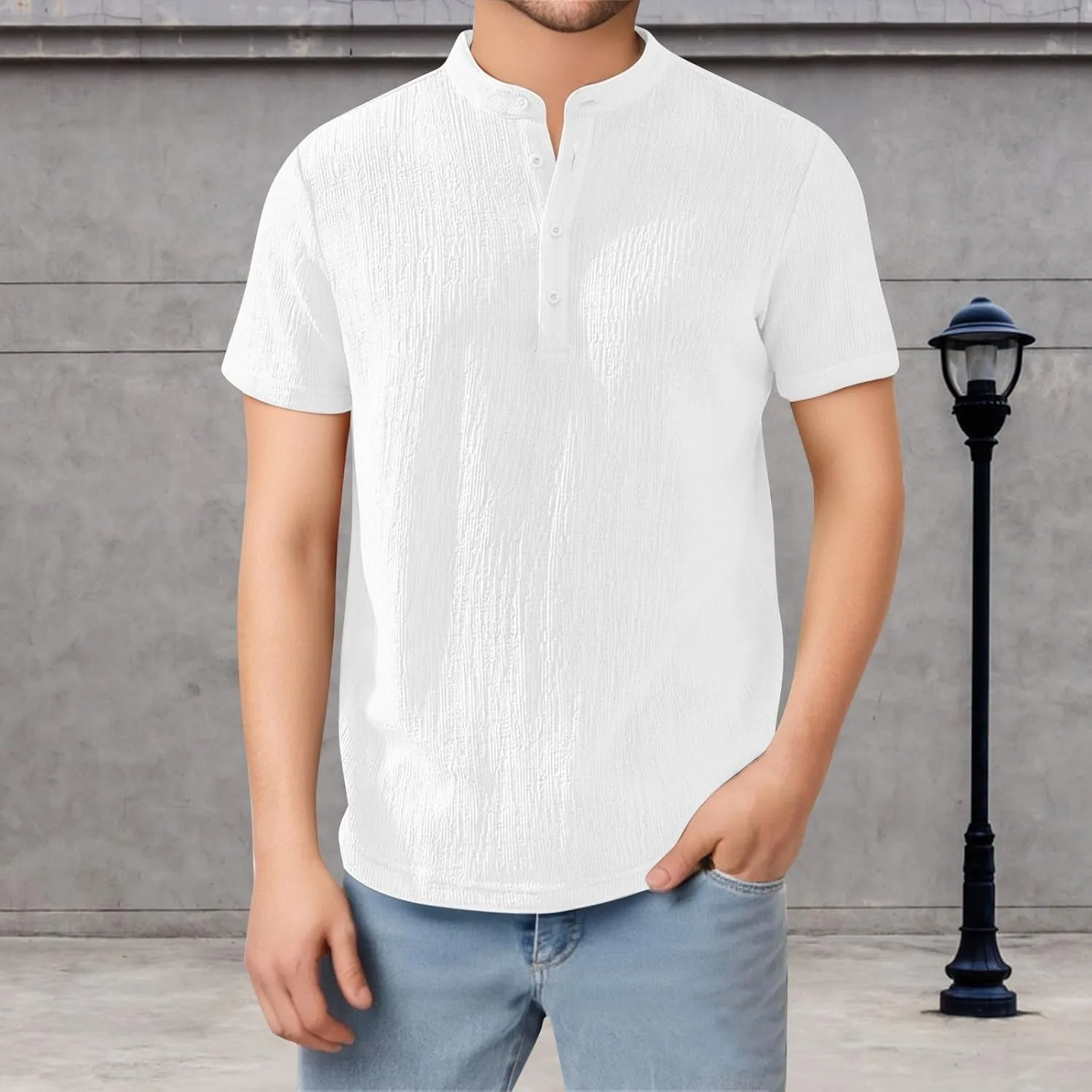 Mens Cotton Linen Shirts Vintage Wrinkled Short Sleeve Henley Shirt Lightweight Casual Summer Beach Band Collar Tees