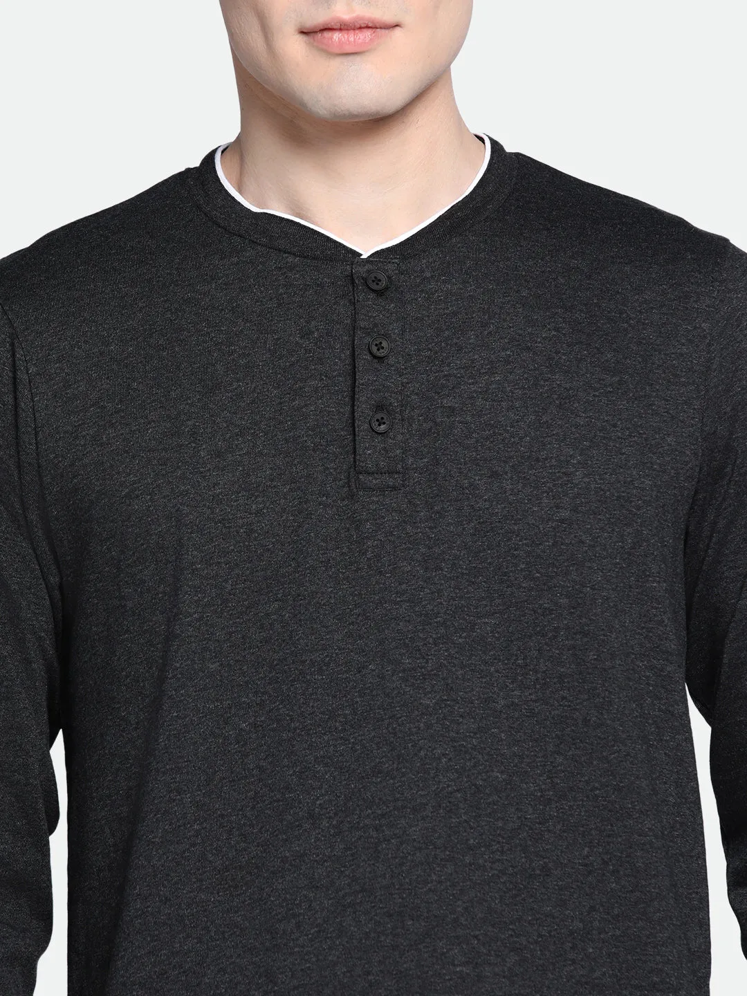 Men's Dark Grey Solid Henley Neck Full Sleeves Casual T-Shirt