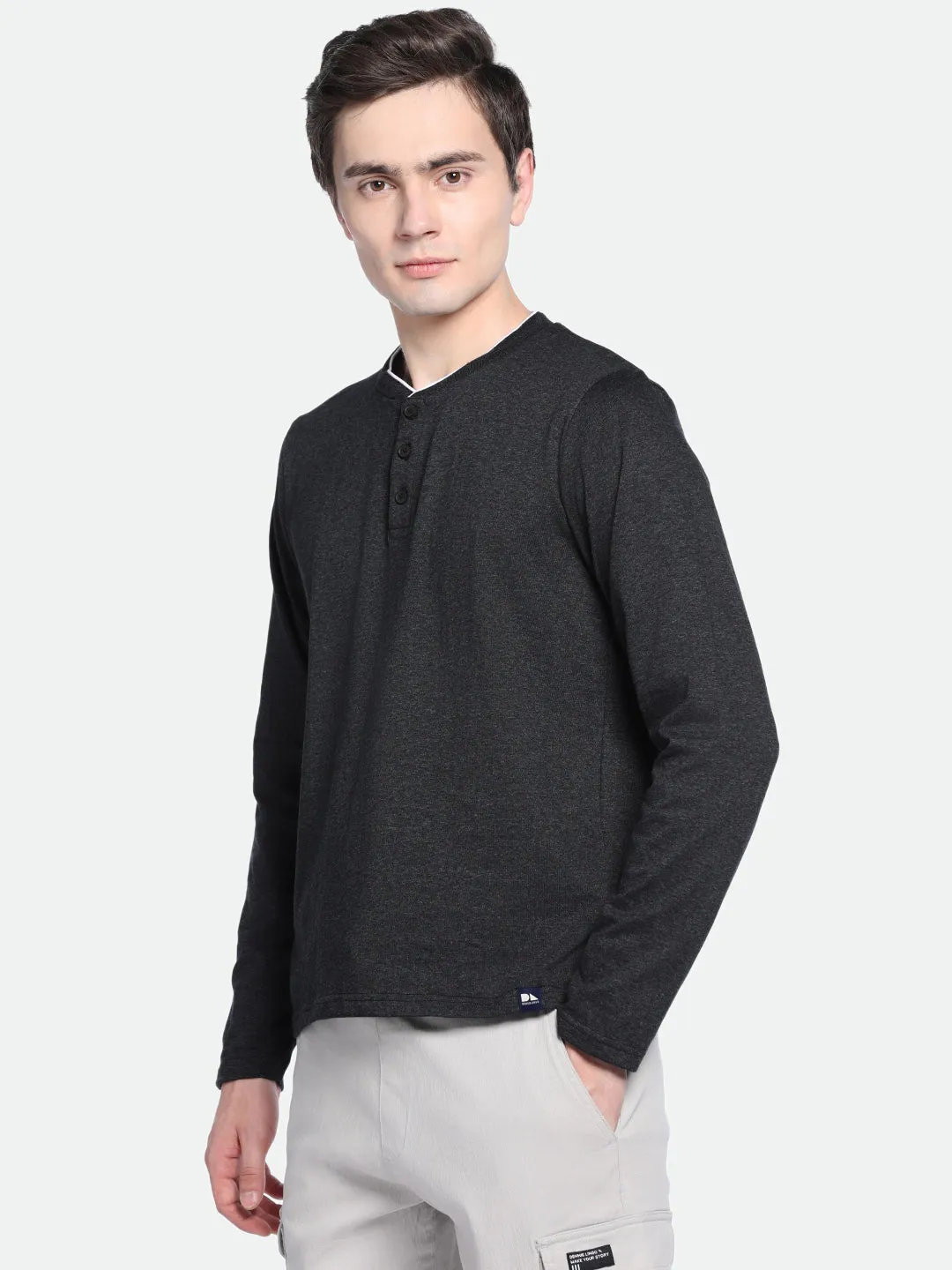 Men's Dark Grey Solid Henley Neck Full Sleeves Casual T-Shirt
