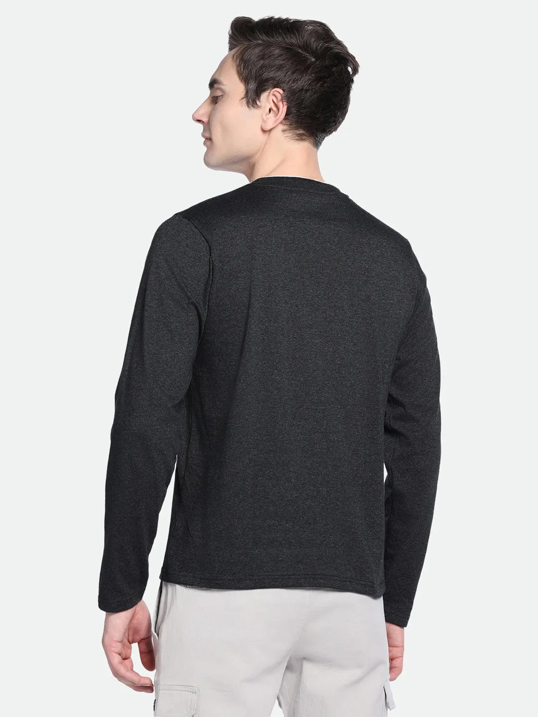 Men's Dark Grey Solid Henley Neck Full Sleeves Casual T-Shirt