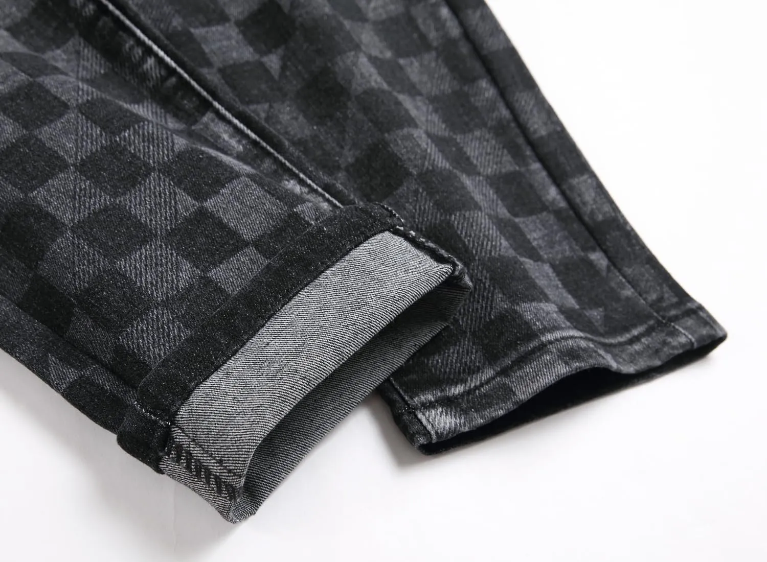 Men's Denim Checkered Print Ripped Distressed Jeans