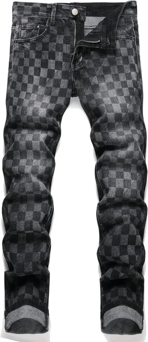 Men's Denim Checkered Print Ripped Distressed Jeans