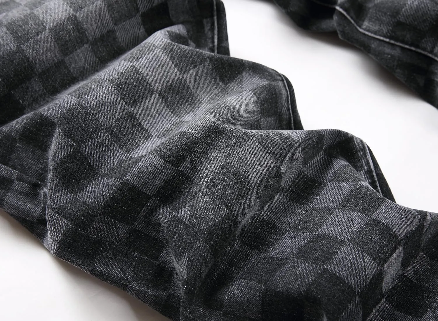 Men's Denim Checkered Print Ripped Distressed Jeans