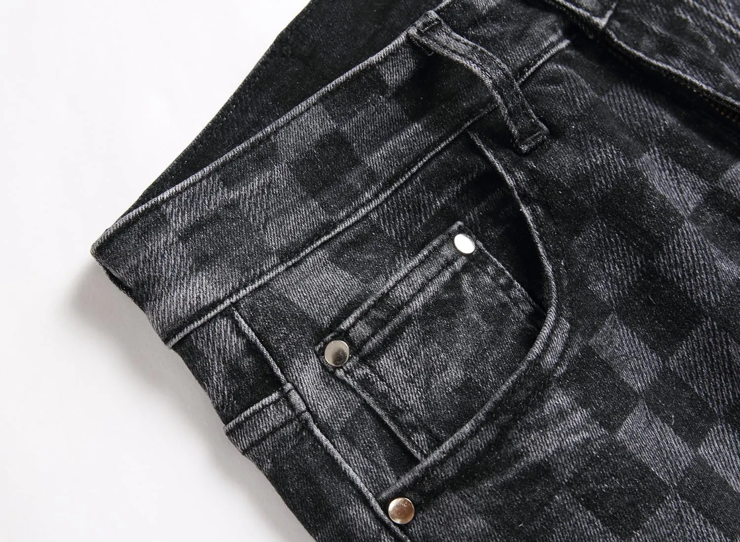 Men's Denim Checkered Print Ripped Distressed Jeans