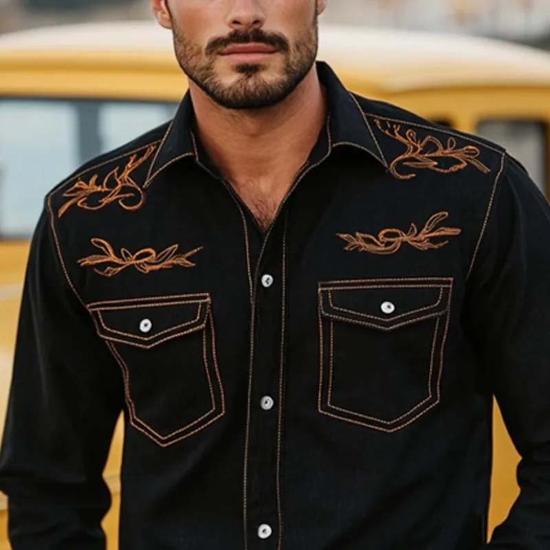 Men's Denim Retro Contrast Color Embroidery Long Sleeve Loose Shirt 23109790U