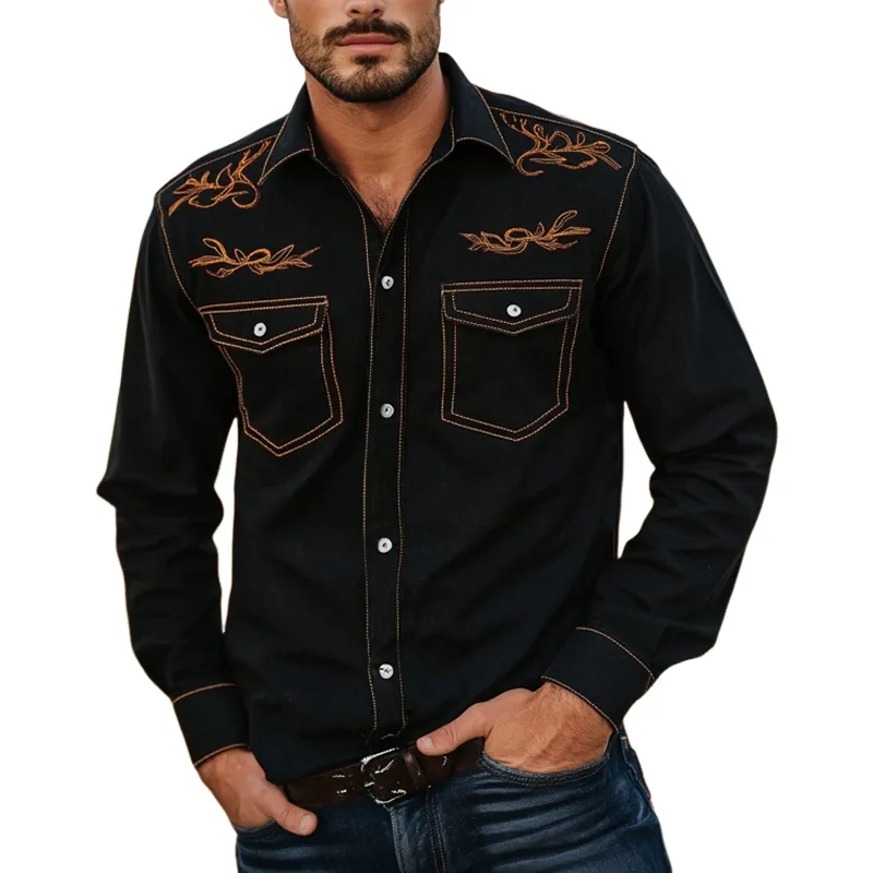 Men's Denim Retro Contrast Color Embroidery Long Sleeve Loose Shirt 23109790U