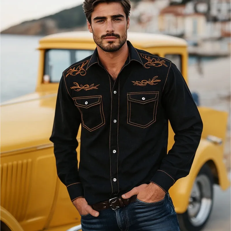 Men's Denim Retro Contrast Color Embroidery Long Sleeve Loose Shirt 23109790U