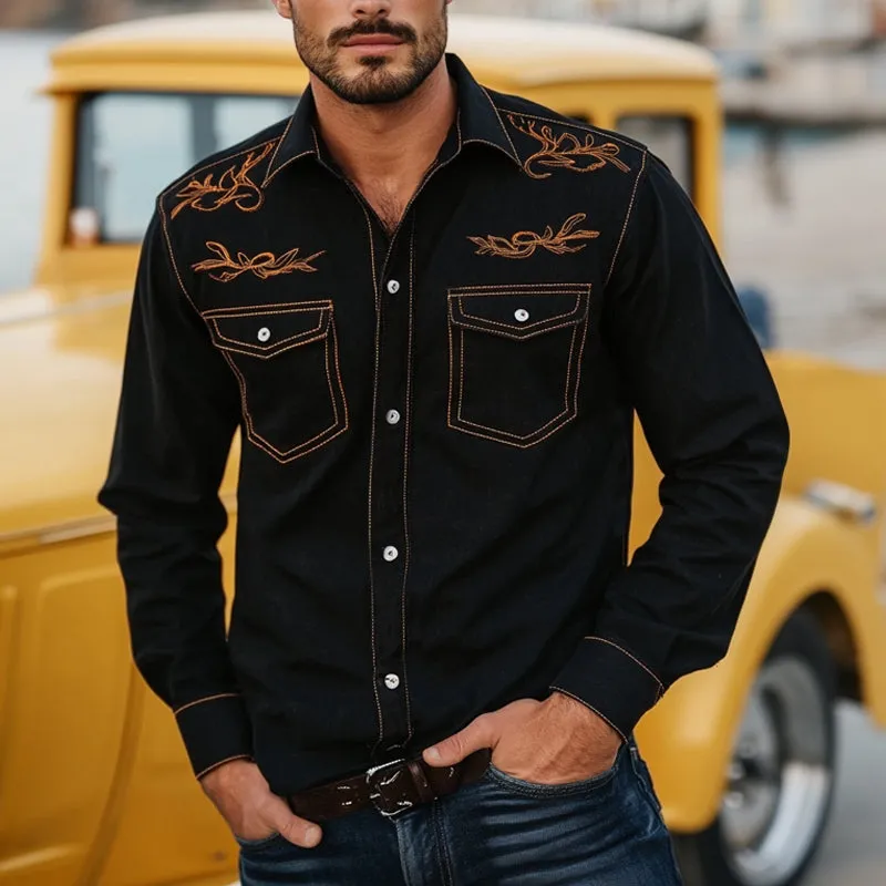 Men's Denim Retro Contrast Color Embroidery Long Sleeve Loose Shirt 23109790U