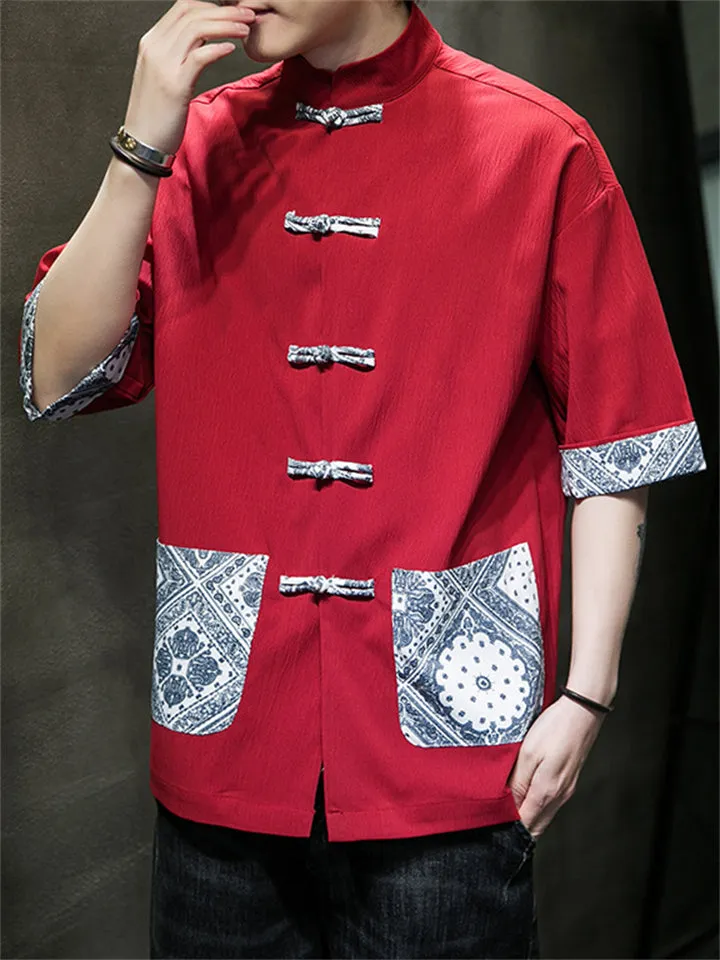 Men's Ethnic Printed Patch Pocket Half Sleeve Tang Suit Shirt