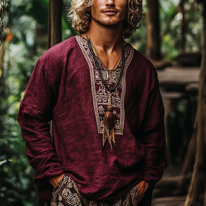 Men's Fashion Ethnic Style Embroidery V Neck Long Sleeve Cotton And Linen Shirt 73920560Z