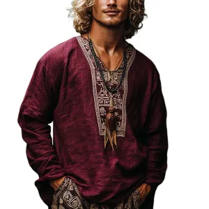 Men's Fashion Ethnic Style Embroidery V Neck Long Sleeve Cotton And Linen Shirt 73920560Z