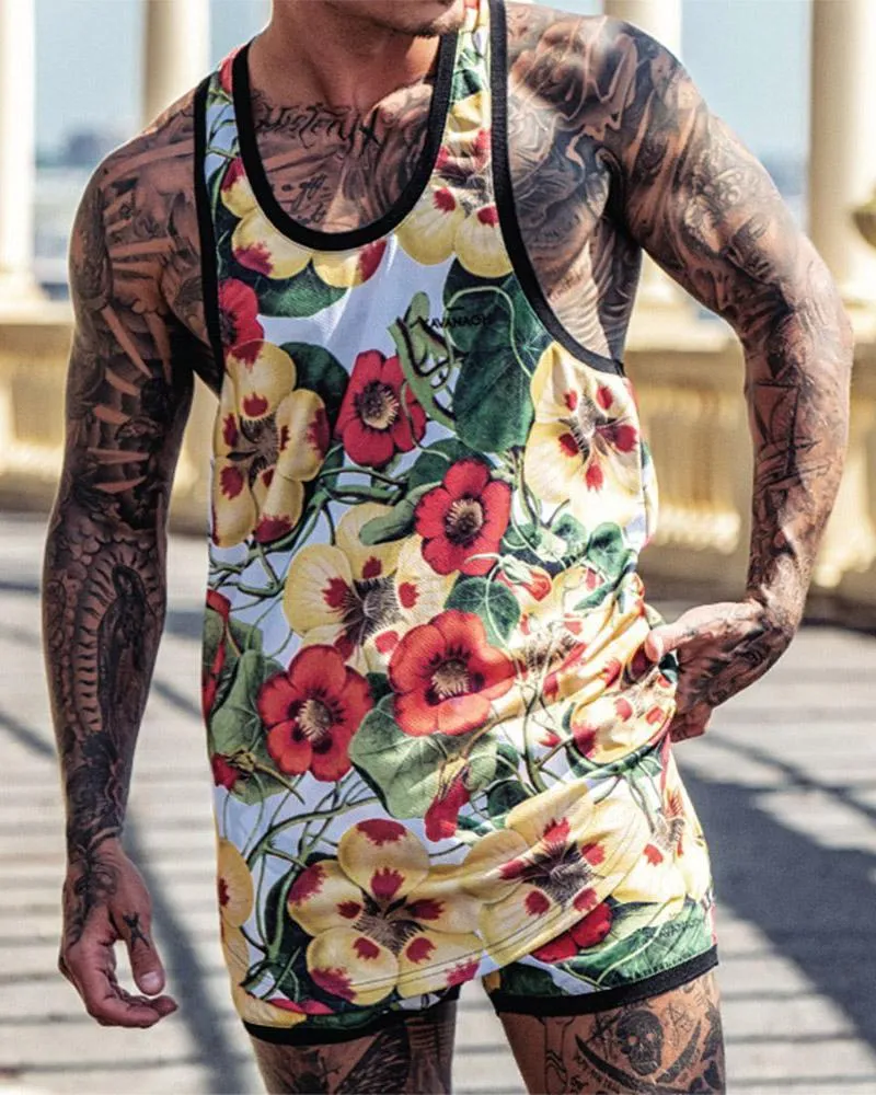 Men's Fitness Round Neck Sports Vest Shorts Set 36249784L