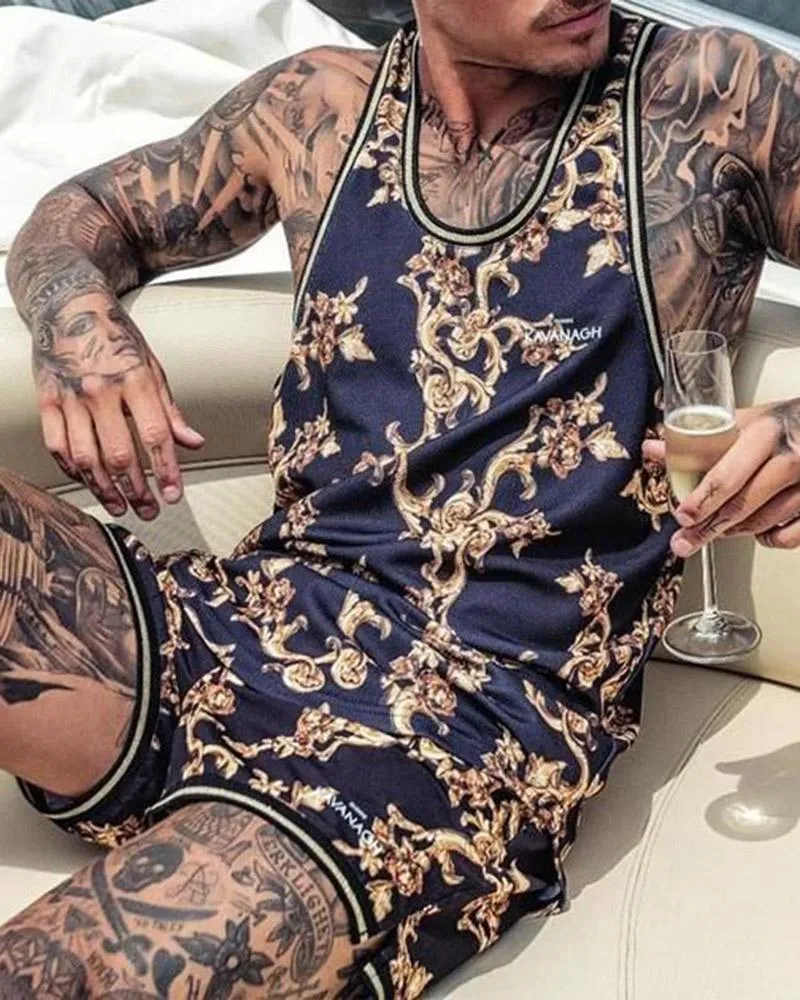 Men's Fitness Round Neck Sports Vest Shorts Set 36249784L