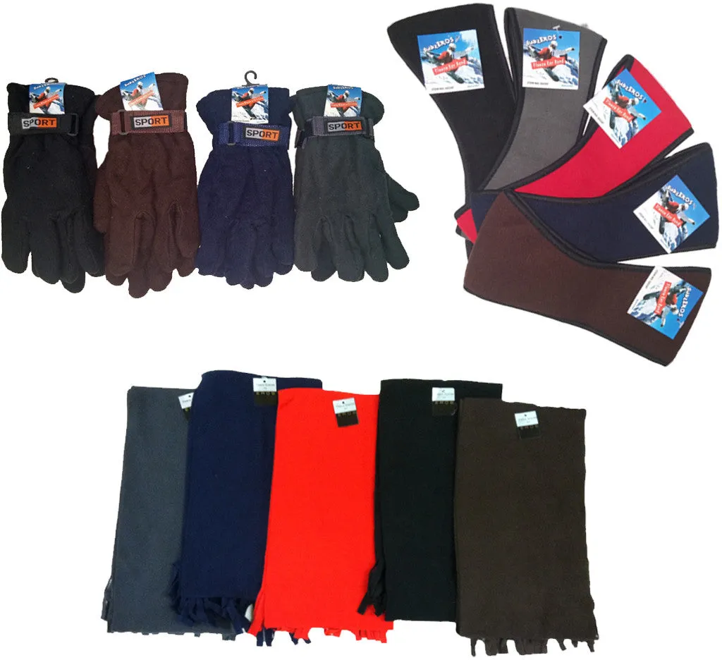 men's fleece lined gloves, fleece lined ear wraps & solid color fleece scarves Case of 180