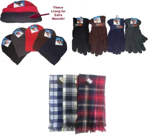 men's fleece lined winter knit hats, gloves & checkered fleece scarves Case of 180