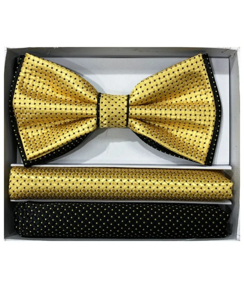 Men's Gold and Black dots satin double bowtie and 2 pocket square by brand Q