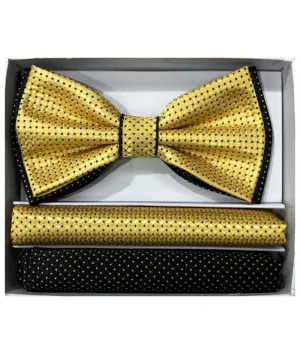 Men's Gold and Black dots satin double bowtie and 2 pocket square by brand Q