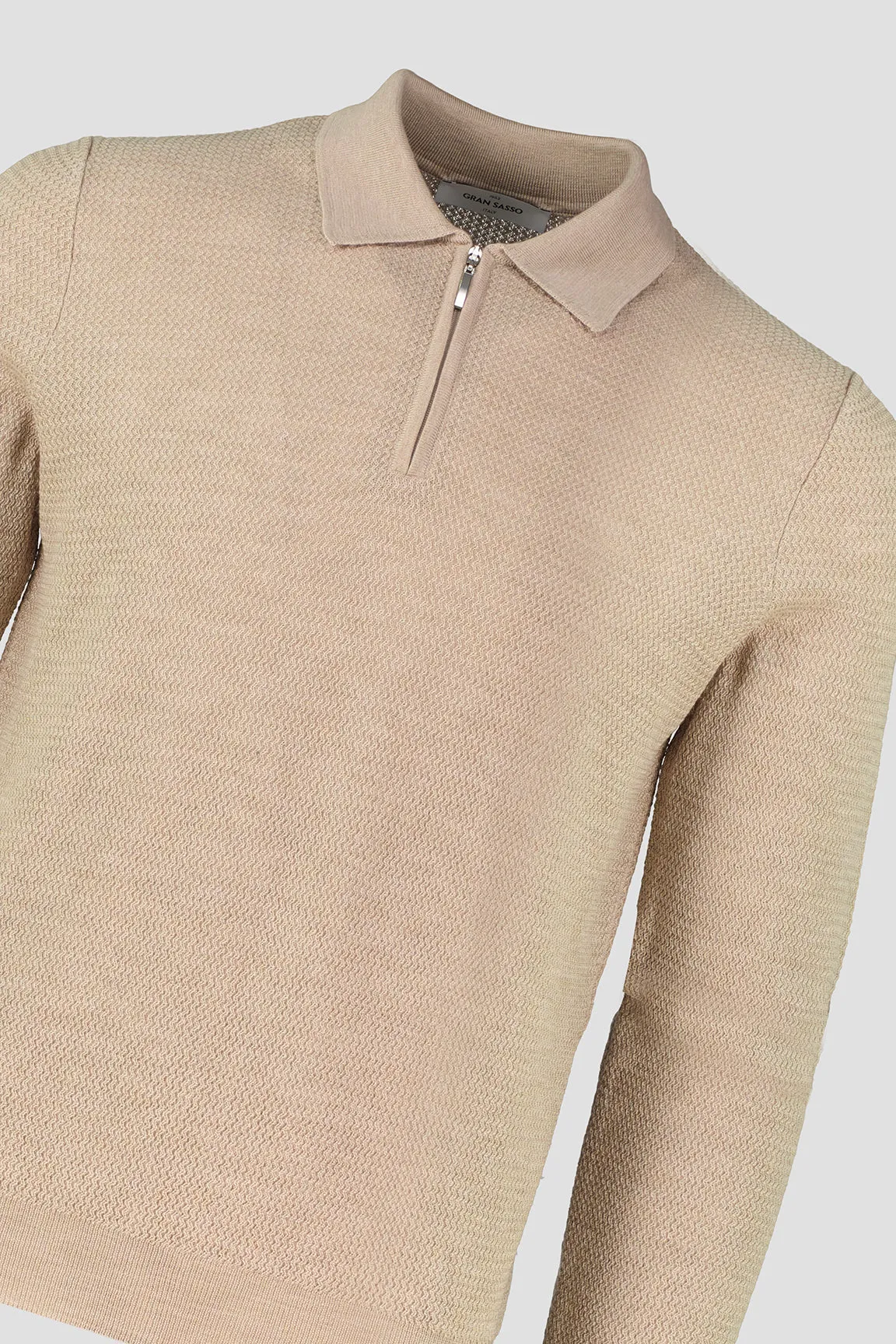 Men's Gran Sasso Beige Long Sleeve Zip Up Knitted Polo Shirt