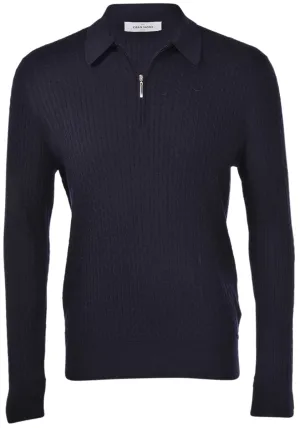 Men's Gran Sasso Navy Cable Long Sleeve Zip Up Knitted Polo Shirt
