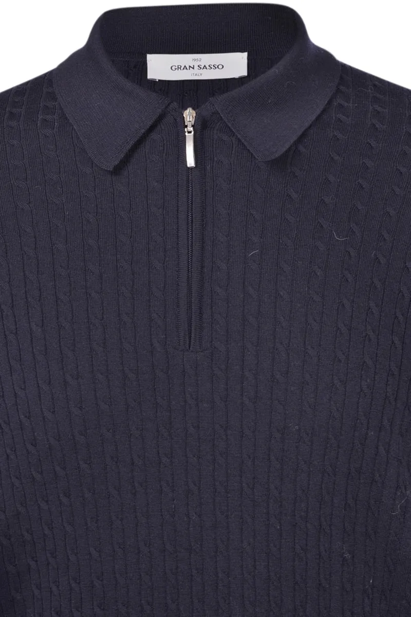 Men's Gran Sasso Navy Cable Long Sleeve Zip Up Knitted Polo Shirt