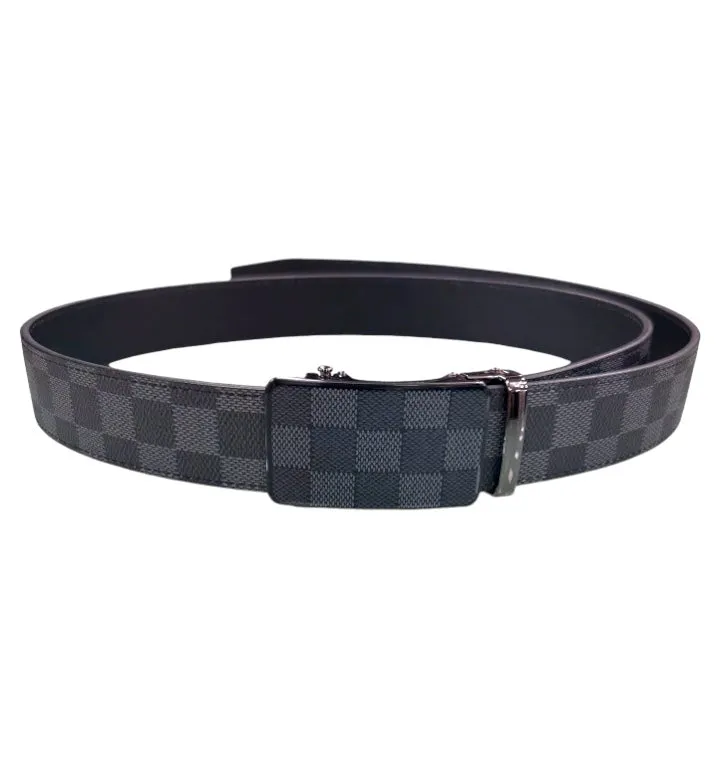 Men's Grey/Black Plaid Printed Belt Luxury Design Genuine Leather