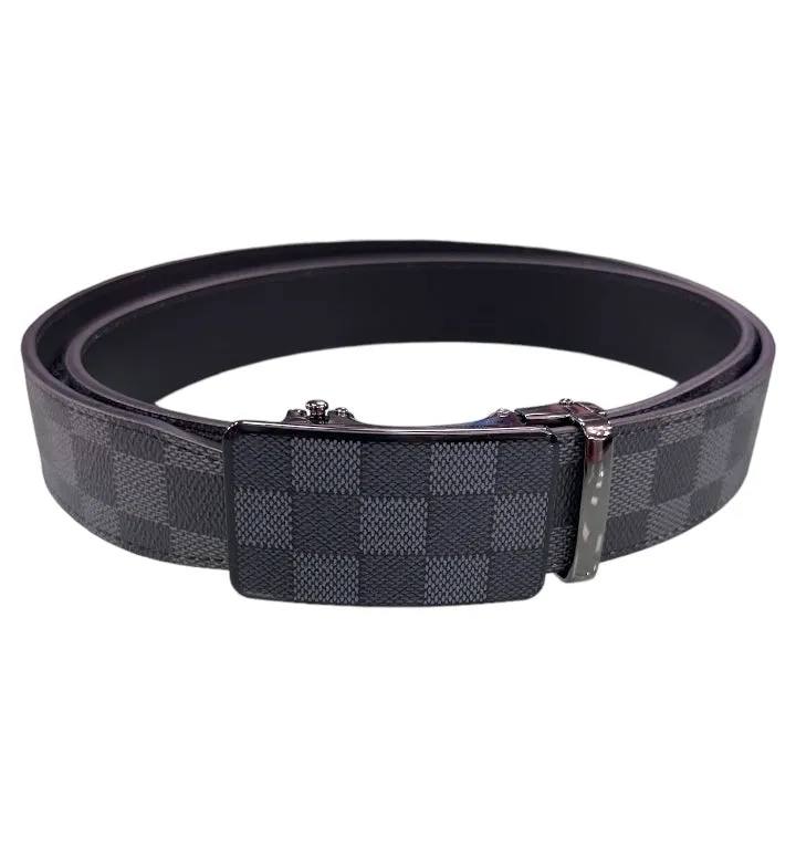 Men's Grey/Black Plaid Printed Belt Luxury Design Genuine Leather